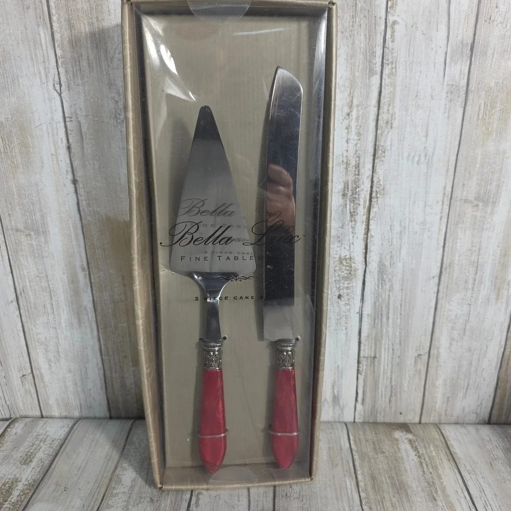 Bella Lux 2 Piece Cake Serving Set Cameo Red Marbled Handles Stainless Steel NEW